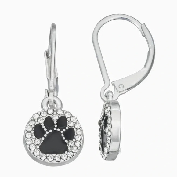 NAPIER Silver-Tone Black Cat Dog Kitten Puppy Paw Print Crystal Earrings NEW NWT - Picture 4 of 4